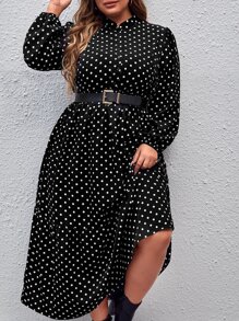 SHEIN Clasi Plus Polka Dot Print Lantern Sleeve Ruffle Hem Dress Without Belt - Black - View 1