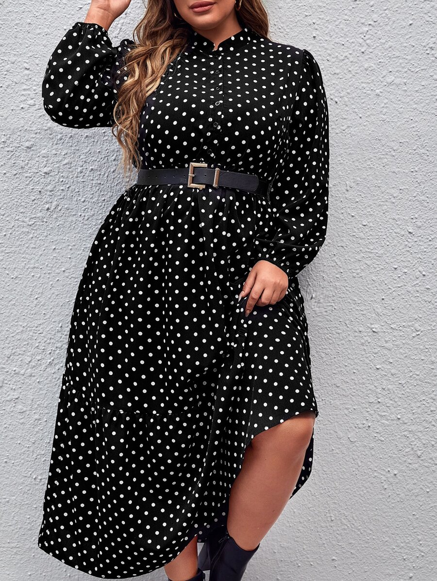 SHEIN Clasi Plus Polka Dot Print Lantern Sleeve Ruffle Hem Dress Without Belt - Black - View 1