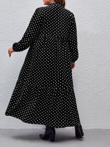 SHEIN Clasi Plus Polka Dot Print Lantern Sleeve Ruffle Hem Dress Without Belt - Black - View 2