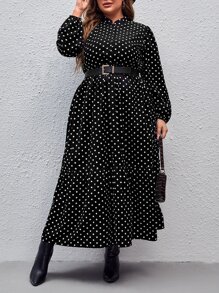 SHEIN Clasi Plus Polka Dot Print Lantern Sleeve Ruffle Hem Dress Without Belt - Black - View 3
