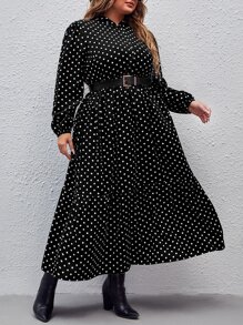 SHEIN Clasi Plus Polka Dot Print Lantern Sleeve Ruffle Hem Dress Without Belt - Black - View 4