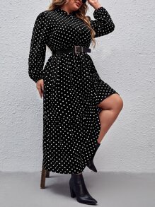 SHEIN Clasi Plus Polka Dot Print Lantern Sleeve Ruffle Hem Dress Without Belt - Black - View 5
