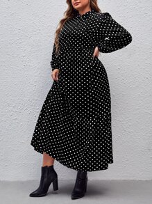 SHEIN Clasi Plus Polka Dot Print Lantern Sleeve Ruffle Hem Dress Without Belt - Black - View 6