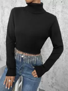 SHEIN Essnce Áo len nữ mép màu trơn Giải trí - màu đen - Xem 1