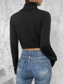 SHEIN Essnce Áo len nữ mép màu trơn Giải trí - màu đen - Xem 2