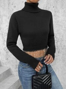 SHEIN Essnce Áo len nữ mép màu trơn Giải trí - màu đen - Xem 3