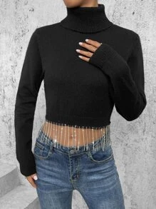 SHEIN Essnce Áo len nữ mép màu trơn Giải trí - màu đen - Xem 4