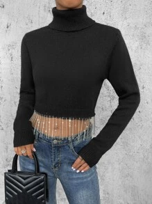 SHEIN Essnce Áo len nữ mép màu trơn Giải trí - màu đen - Xem 5