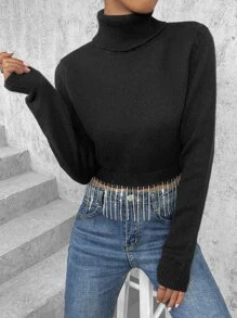 SHEIN Essnce Áo len nữ mép màu trơn Giải trí - màu đen - Xem 6