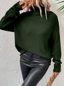 SHEIN LUNE Turtleneck Drop Shoulder Jumper - Army Green - View 1