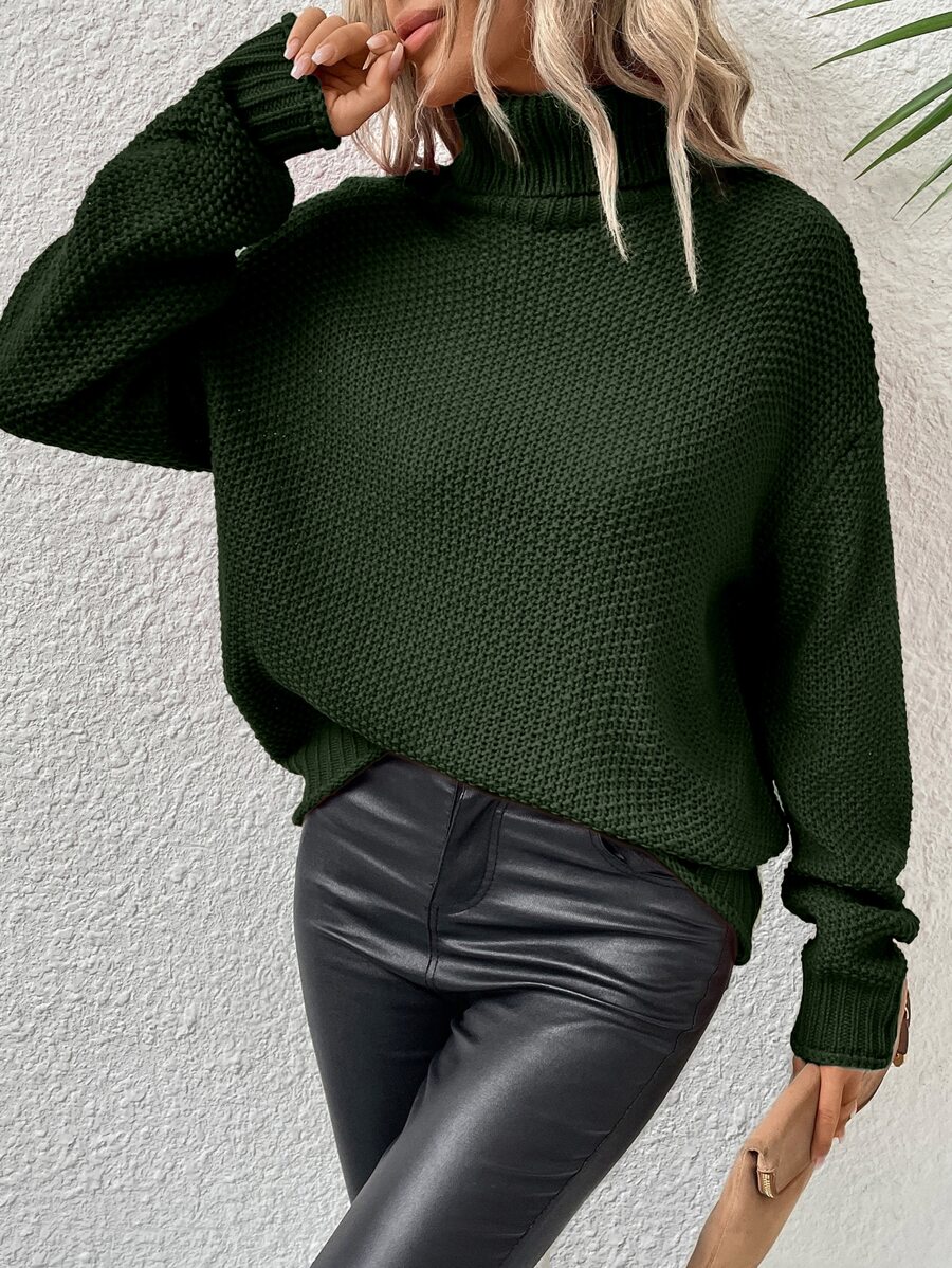 SHEIN LUNE Turtleneck Drop Shoulder Jumper - Army Green - View 1