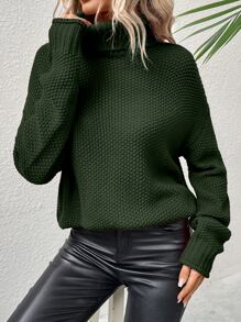 SHEIN LUNE Turtleneck Drop Shoulder Jumper - Army Green - View 3