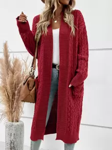 SHEIN LUNE Dual Pocket Drop Shoulder Cable Knit Duster Cardigan - Burgundy - View 1