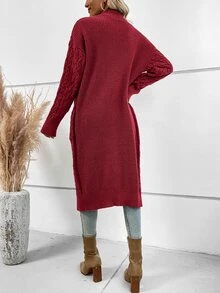 SHEIN LUNE Dual Pocket Drop Shoulder Cable Knit Duster Cardigan - Burgundy - View 2