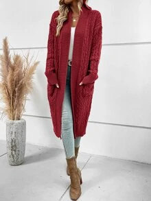 SHEIN LUNE Dual Pocket Drop Shoulder Cable Knit Duster Cardigan - Burgundy - View 3
