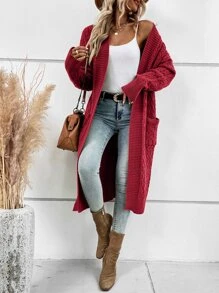 SHEIN LUNE Dual Pocket Drop Shoulder Cable Knit Duster Cardigan - Burgundy - View 4