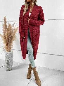 SHEIN LUNE Dual Pocket Drop Shoulder Cable Knit Duster Cardigan - Burgundy - View 6