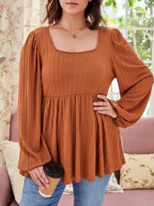 SHEIN Frenchy Plus Square Neck Lantern Sleeve Peplum Tee - Burnt Orange - View 1