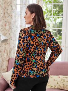 SHEIN Privé 大碼豹紋印花鏤空小高領T恤 - 彩色 - 查看 2