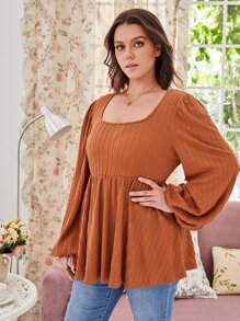 SHEIN Frenchy Plus Square Neck Lantern Sleeve Peplum Tee - Burnt Orange - View 4