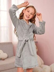 Niñas Bata oreja 3D con capucha con cinturón de franela - Gris - Ver 5