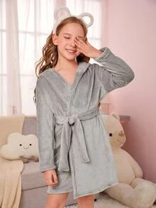 Niñas Bata oreja 3D con capucha con cinturón de franela - Gris - Ver 6