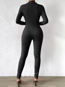 SHEIN Essnce 拉鏈開襟條紋針織彈力緊身連體褲 - 黑色 - 查看 2