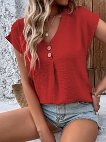 SHEIN LUNE Solid Batwing Sleeve Blouse - Red - View 5