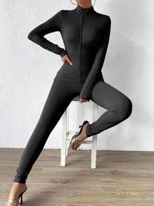 SHEIN Essnce 拉鏈開襟條紋針織彈力緊身連體褲 - 黑色 - 查看 6