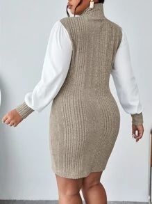 SHEIN Privé Vestido 2 en 1 de cuello cisne de manga farol sin cinturón - Marrón Mocha - Ver 2