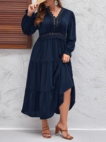 SHEIN LUNE Plus Guipure Lace Insert Layered Hem Dress - Navy Blue - View 1