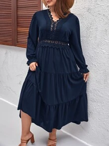 SHEIN LUNE Plus Guipure Lace Insert Layered Hem Dress - Navy Blue - View 3