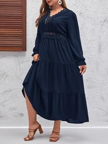 SHEIN LUNE Plus Guipure Lace Insert Layered Hem Dress - Navy Blue - View 4