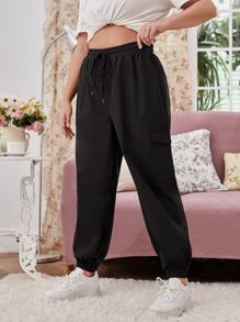 SHEIN EZwear 大碼翻蓋口袋腰部抽繩工裝褲 - 黑色 - 查看 1