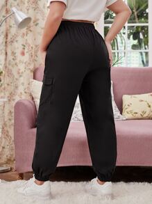 SHEIN EZwear 大碼翻蓋口袋腰部抽繩工裝褲 - 黑色 - 查看 2