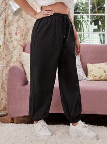 SHEIN EZwear 大碼翻蓋口袋腰部抽繩工裝褲 - 黑色 - 查看 5