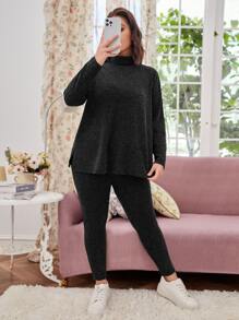 SHEIN LUNE Plus Mock Neck Split Hem Tee & Leggings - Black - View 2