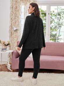 SHEIN LUNE Plus Mock Neck Split Hem Tee & Leggings - Black - View 3