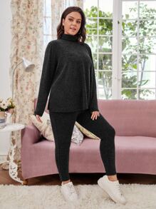 SHEIN LUNE Plus Mock Neck Split Hem Tee & Leggings - Black - View 4