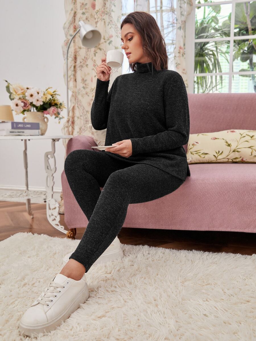 SHEIN LUNE Plus Mock Neck Split Hem Tee & Leggings - Black - View 1