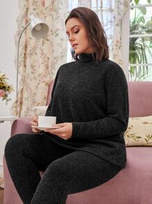 SHEIN LUNE Plus Mock Neck Split Hem Tee & Leggings - Black - View 5