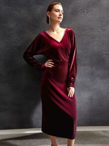 MOTF Vestido de terciopelo con diamante de imitación sin cinturón - Burdeos - Ver 1