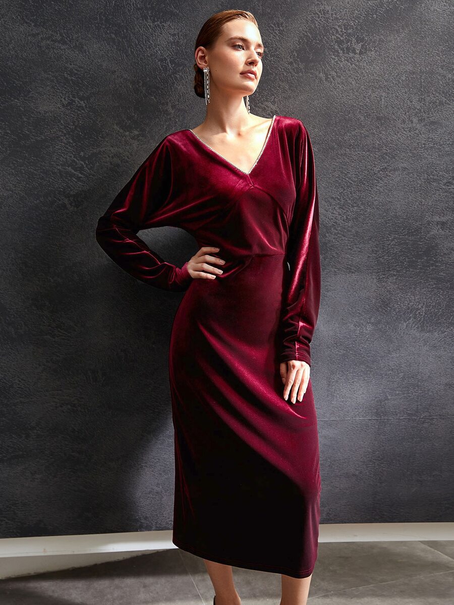 MOTF Vestido de terciopelo con diamante de imitación sin cinturón - Burdeos - Ver 1