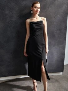 PREMIUM RHINESTONE CHAIN DRAPED DRESS - Black - View 6