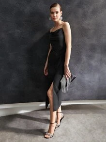 PREMIUM RHINESTONE CHAIN DRAPED DRESS - Black - View 2