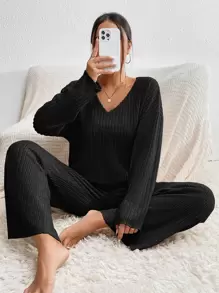 SHEIN Essnce Drop Shoulder Tee & Wide Leg Trousers - Black - View 1