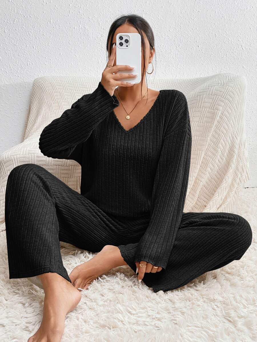 SHEIN Essnce Drop Shoulder Tee & Wide Leg Trousers - Black - View 1