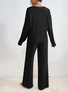 SHEIN Essnce Drop Shoulder Tee & Wide Leg Trousers - Black - View 2