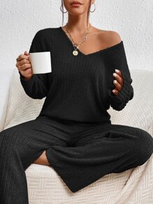 SHEIN Essnce Drop Shoulder Tee & Wide Leg Trousers - Black - View 5