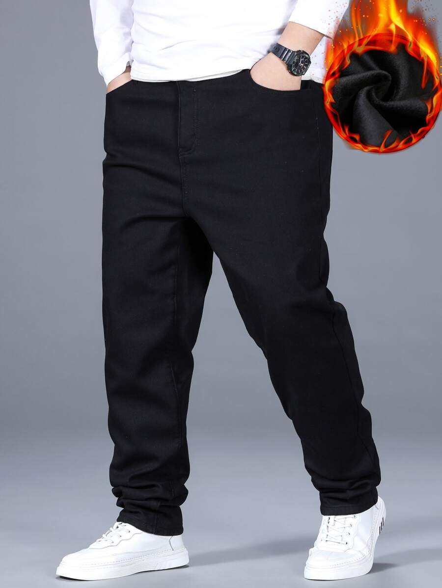 Manfinity Men Plus Cotton Slant Pocket Thermal Lined Jeans - Black - View 1
